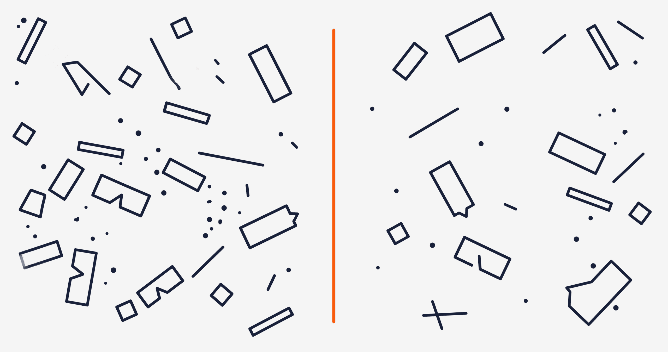 Scattered fragmented shapes surrounding a single unbroken vertical orange line, symbolizing the fight to keep focus amid digital distraction