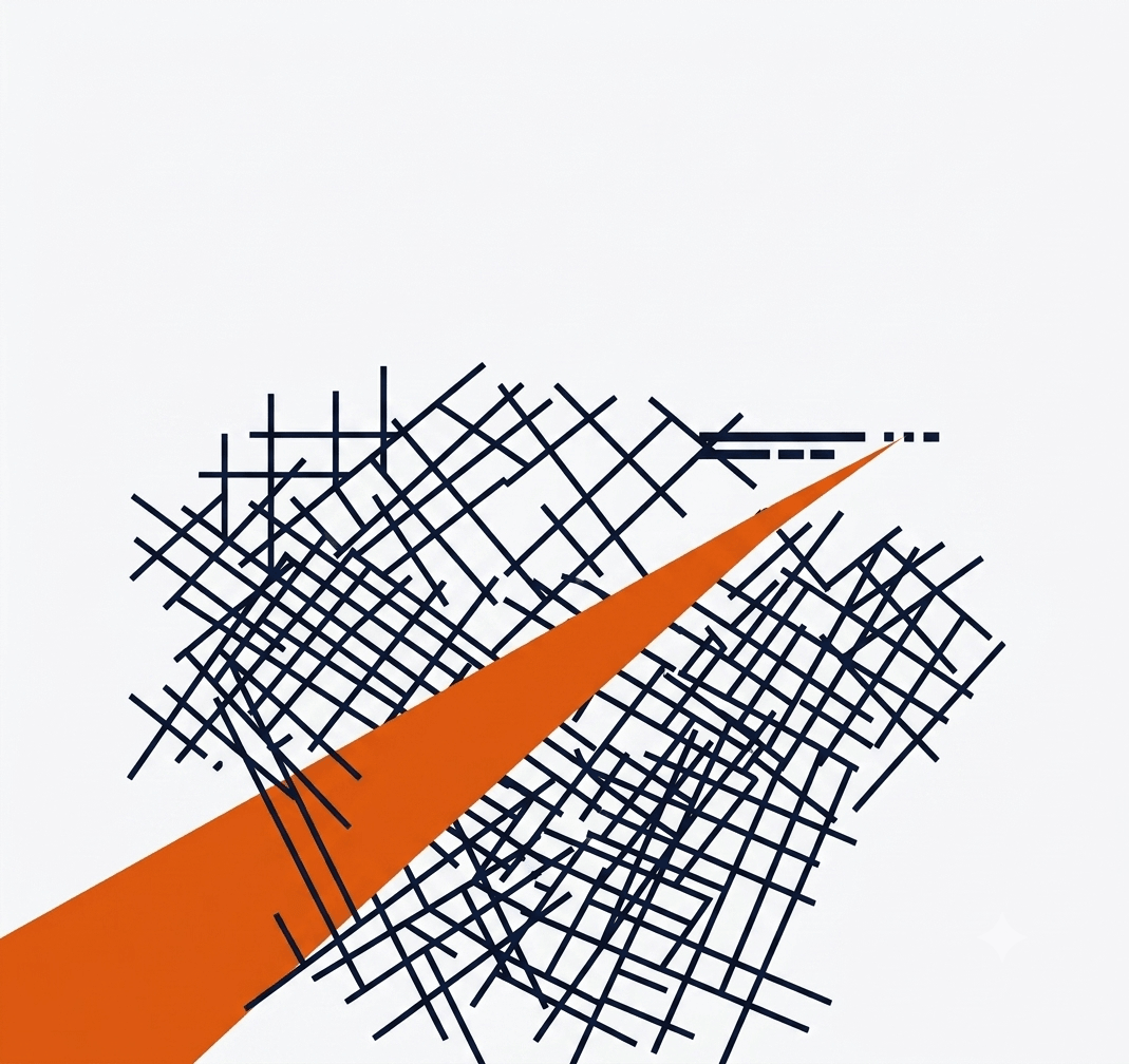 Abstract geometric illustration with high-contrast, flat vectors. It shows complex, tangled Ink Navy grid lines representing the disordered state of cultural structures failing modern boys. A singular, solid Industrial Orange directional vector cuts through the chaos, representing the stable, directional anchor of Biblical perspective.