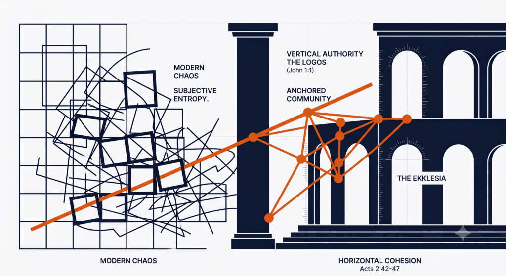 Conceptual diagram titled The Anchored Life Framework. On the left, a fragmented Ink Navy grid represents Modern Chaos and Subjective Entropy. On the right, solid architectural arches represent Vertical Authority (The Logos, John 1:1) and Horizontal Cohesion (Acts 2:42-47). A bright Industrial Orange network connects the two sides, illustrating an Anchored Community (The Ekklesia) bringing order to the chaos.
