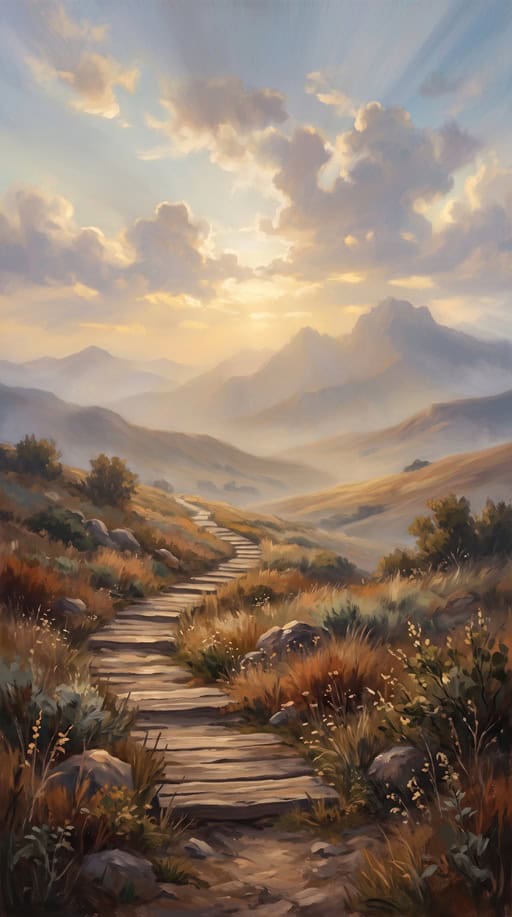 Wooden path leading through a peaceful landscape toward soft golden light and distant mountains — a quiet invitation to the awe of God