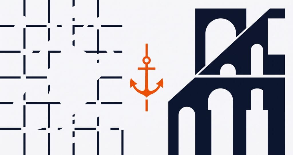 Abstract geometric illustration showing the biblical answer to loneliness. On the left, fragmented Ink Navy grid lines represent isolation and disconnection — people present but unknown. On the right, solid architectural arches represent koinonia, the deep biblical community of Acts 2. An Industrial Orange anchor at the center represents the vertical knowledge of God in Psalm 139 — the fixed point from which true belonging becomes possible.