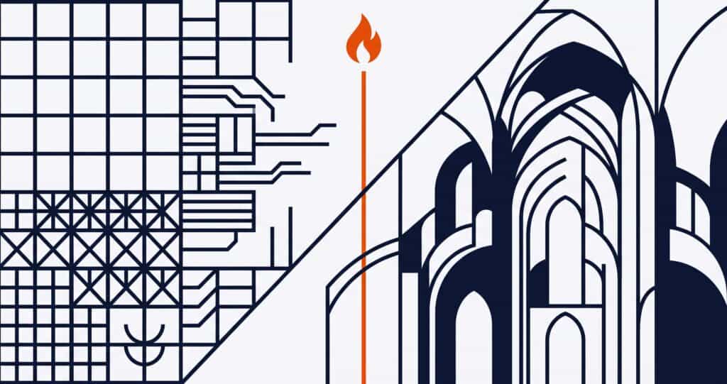 What Makes You Human — Biblical Answer to AI and the Imago Dei Abstract geometric illustration contrasting artificial intelligence and human dignity. On the left, a cold mechanical circuit grid represents machine intelligence — assembled, precise, lifeless. On the right, a bold architectural crown represents the imago Dei — humanity made in the image of God and crowned with glory. At the center, an Industrial Orange flame rising upward represents the breath of God from Genesis 2:7, the nishmat chayim — the only distinction between what is constructed and what is alive.