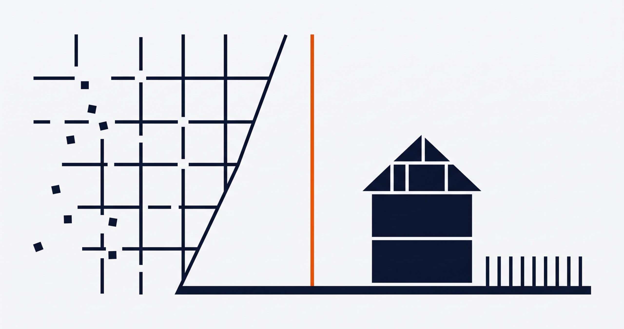 Abstract geometric illustration of displacement and building. On the left, a fragmented navy grid of scattered pieces represents exile. On the right, a simple house of solid navy blocks beside rows of planted lines represents building a life in the place you did not choose, as Jeremiah 29 instructs the exiles in Babylon. A single orange vertical line connects the two halves, representing God's purposes running through exile.