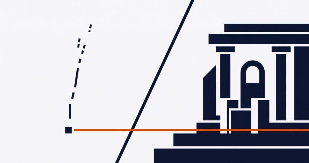 When God Goes Quiet — Biblical Silence and the Throne Room of God Abstract geometric illustration representing the biblical experience of divine silence. On the left, fragmented ascending lines represent prayer rising into apparent emptiness — the feeling of unanswered prayer. On the right, a solid architectural temple form represents Habakkuk 2:20, "The LORD is in his holy temple." A continuous Industrial Orange line connects the two halves, representing the unbroken thread of faith across the silence — and the biblical truth that what feels like God's absence is His throne room.